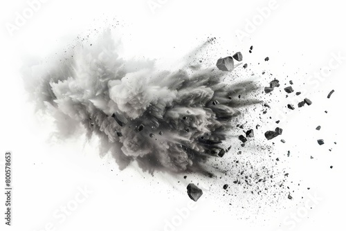 flying rock debris on white abstract powder explosion