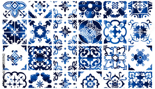 Hand drawn Vector illustration. Traditional mediterranean style. Decorative tile pattern design. Various square Tiles. Different blue ornaments. Ceramic tiles, Grunge texture, Mediterranean culture