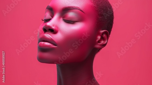 a woman with a bright pink makeup and a pink background