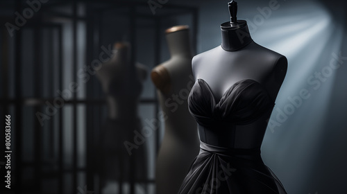 fashion atelier studio with mannequin and black dress, fashion house photo shooting