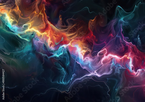 abstract digital art wallpaper with wavy and smoky graphic elements, spectral hues and tones within a dark theme