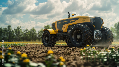 An innovative image showcasing an autonomous tractor equipped with state-of-the-art seeding technology, navigating through the field with GPS guidance and AI algorithms, seamlessly