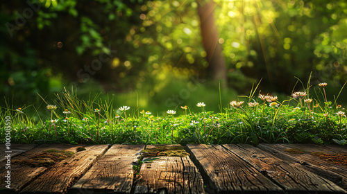 Sunlit Grass and Wildflowers on Old Wooden Planks