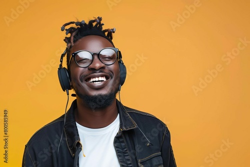 happy african man listening to music joyful expression with headphones