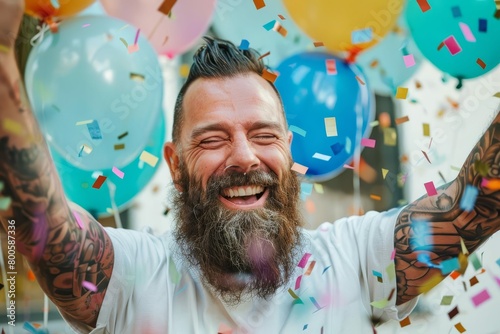 joyful bearded man celebrating birthday confetti and balloons lifestyle photography