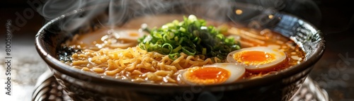 A delicious bowl of ramen with noodles, broth, and a variety of toppings such as pork, egg, and vegetables.