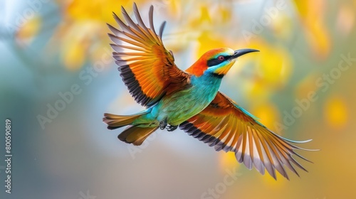 A captivating image showcasing the dynamic beauty of a Bee-Eater bird with wings outstretched amidst a blurry yellow background