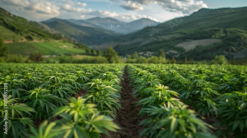 Cannabis or marijuana plantation thriving outdoors amidst mountainous terrain. Wide-angle view captures the scenic beauty of the cultivation site. 