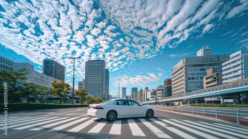 A white car paused at an empty city crosswalk with a dramatic sky full of clouds overhead