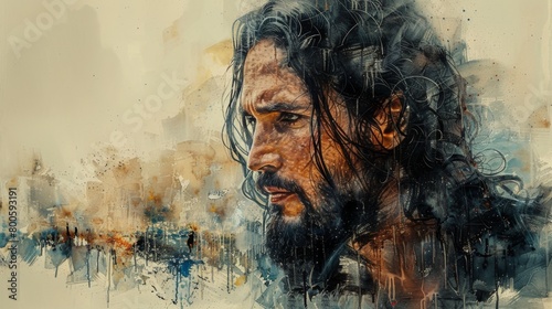 Depiction of Jesus Christ in worship, against a backdrop of muted gray watercolor. The subtle hues create a subdued yet dignified ambiance for the scene.