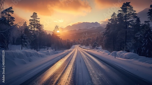 An enchanting snowy forest road leads towards a distant mountain, as the sun sets beyond the trees