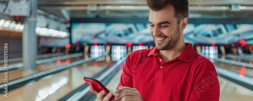 Amidst the excitement of a bustling bowling center, a man is engrossed in his phone, possibly keeping score or connecting with friends