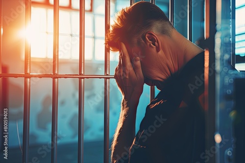 a male prisoner in a robe is serving time in a prison cell behind bars