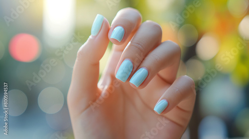 Mão de uma mulher com as unhas pintadas de azul claro 