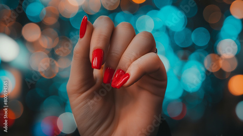Mão de uma mulher com as unhas pintadas de vermelho claro