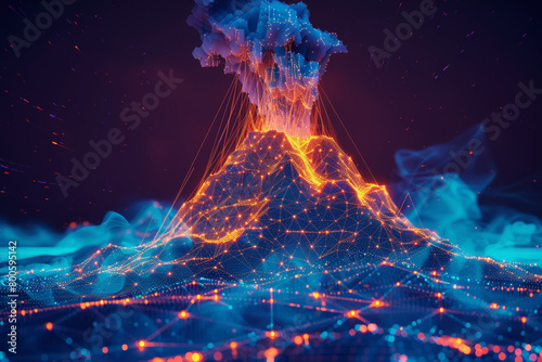 A volcano with a blue and red lava flow