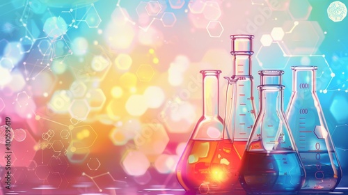 glass flask and vial chemistry science research lab and colorful digital abstract banner background 