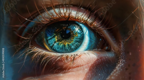 A close-up of an eye, vividly painted to emphasize the expressiveness and the intricate details that convey deep emotional intensity