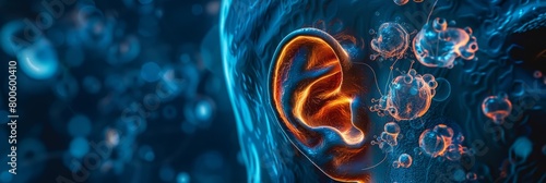 An earache visualized in an advanced medical imaging technique, highlighting the delicate structures of the inner ear, close up hitech concept