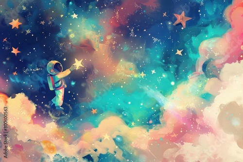 A colorful painting of a space scene with a man in a spacesuit holding a star. The painting has a whimsical and imaginative feel to it