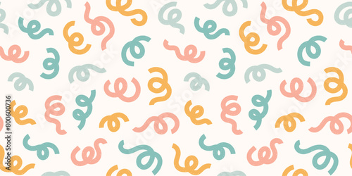 Abstract squiggle lines seamless pattern. Confetti party streamers and ribbons celebration background in pastel colors.