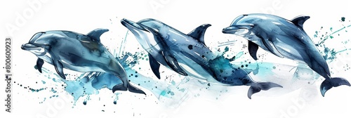 Dolphin pods swim in harmony, watercolor painting on a white background