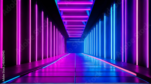 Dark empty room neon light beams, pink, blue, purple, from above color lighten