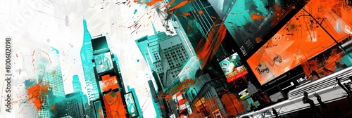 An abstract city scene with splashes of orange and turquoise on a white background.