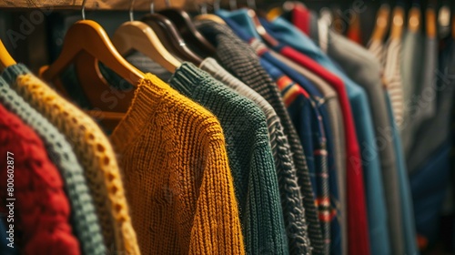 A selection of knitted sweaters and various garments hanging on wooden hangers. The garments feature a range of colors, including mustard yellow, teal, red, blue, and patterned designs. The focus is o