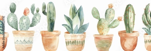 Watercolor images of cacti and succulents in clay pots of various sizes and colors on a white background.