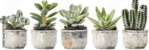 A variety of cacti and succulents in clay pots of different sizes and colors, arranged on a white background.