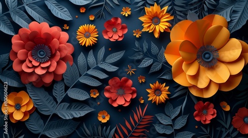 A summer sale ad background with paper cut fantasy flowers, leaves, stems isolated on dark background. Minimal 3D style floral background with discount offer. Modern image.