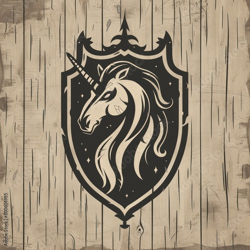 A stylized illustrative engraving of a unicorn within a heraldic shield, with a wooden texture backdrop