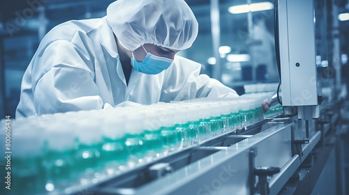Pharmacist scientist with sanitary gloves examining medical vials on a production line conveyor belt in a pharmaceutical factory