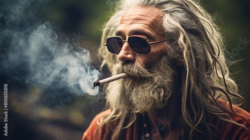 a man smoking weed, has a very hippie look, made with full frame camera