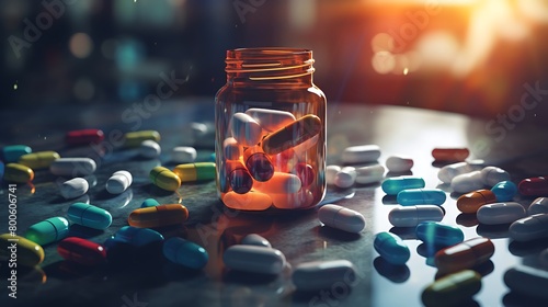 a jar of pills strewn on a table