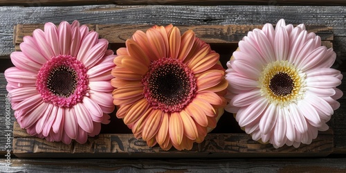 Three colorful gerbera daisies arranged on a wooden surface.