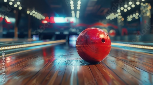 Close-up of a red bowling ball on a shiny wooden bowling lane with blurred bowling pins in the background