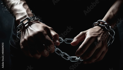 World Day against Human Trafficking. A man with chained hands. The illicit trade of humans often involves severe violations of basic human rights