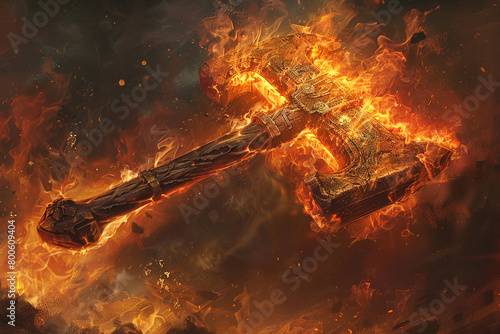 Fiery war hammer, wreathed in flames, consuming all in its path with infernal fury.