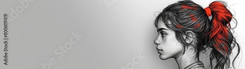 Skizze des Gesichts eines Mädchens mit schwarz-weißer Strichzeichnung einer weiblichen Figur. Konzept: Mode und Stil