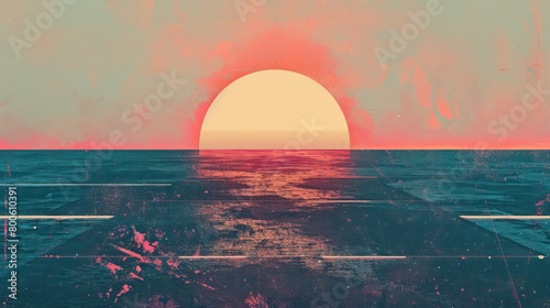 Beautiful glowing sunset over a digital ocean, enhanced with a synthwave aesthetic, creating a feeling of nostalgia and future