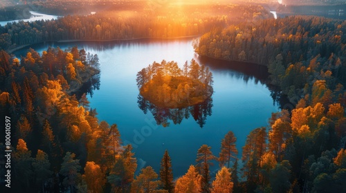 Stunning top-down view of a forest-island lake during fall with warm golden hues