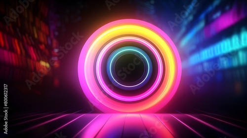  Immerse yourself in the realm of discounts and promotions with a color neon gradient circle banner, featuring an eye-catching Mega Sale blur message and grain noise texture color gradation, depicted 