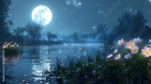 Tranquil Garden Bathed in Moonlight,Flowers Blooming Under the Stars as Fireflies Dance in the Magical Atmosphere