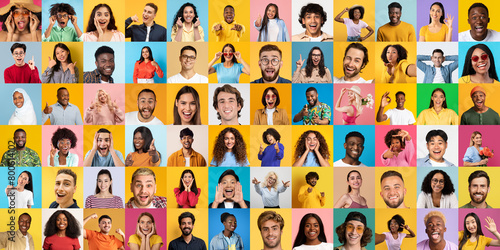 Colorful collection of smiling people's portraits on colorful background