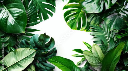  Visualize a background featuring real tropical leaves against a clean white backdrop, providing ample copy space for text or other design elements.