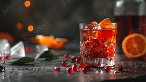 Classic cocktail Negroni with gin, campari and martini rosso. Traditional recipe. Place for writing text