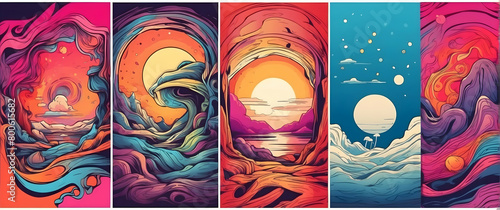 A quintet of panels depicting ocean waves in various stages, portrayed in an array of vivid, flowing colors, evoking emotion and tranquility