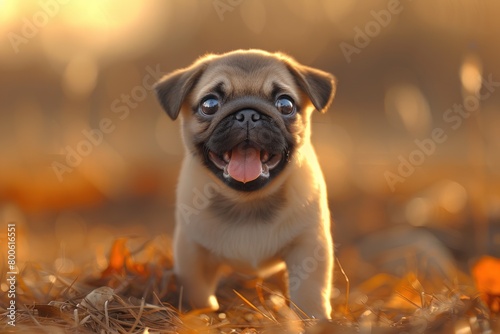 A small pug puppy stands in a field of golden grass and fallen leaves, its tongue lolling out. Its eyes are wide and its ears flopped down. The background is out of focus, emphasizing the puppy as the